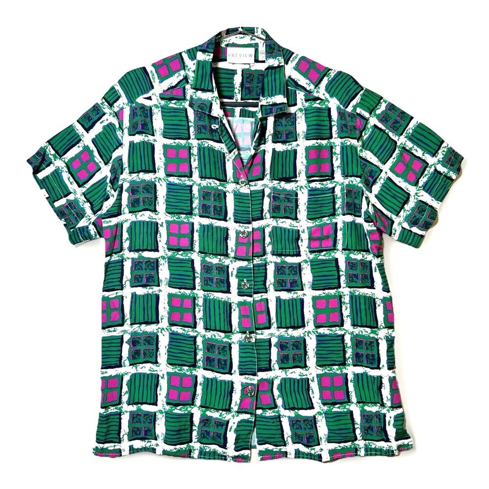 90s Preview Button Down Rayon Medium Multicolor Squares Vintage Hong Kong